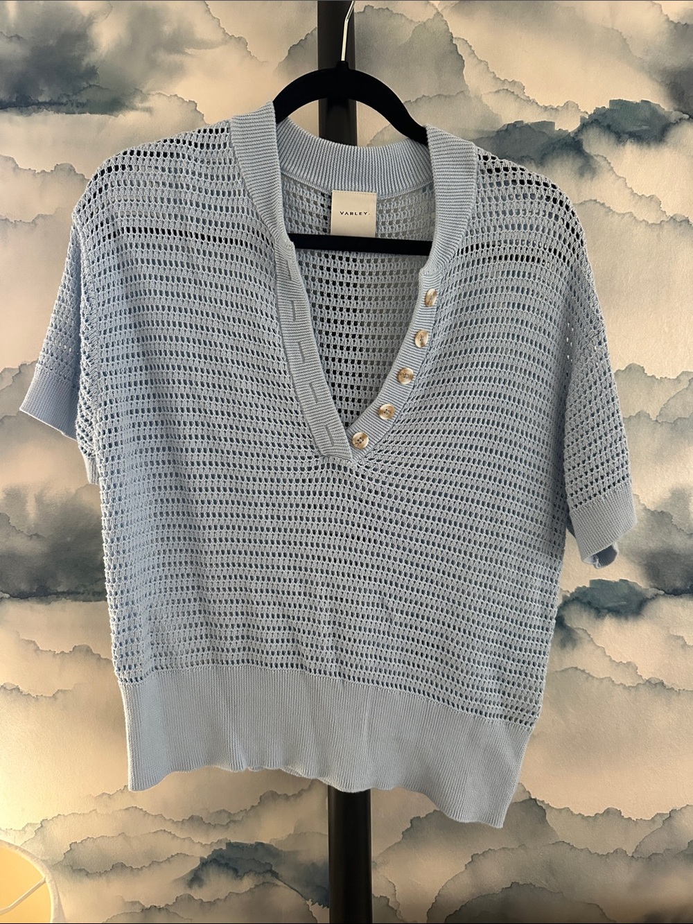 Varley Pale Blue Open-Weave V-Neck Short-Sleeve Sweater with Buttons